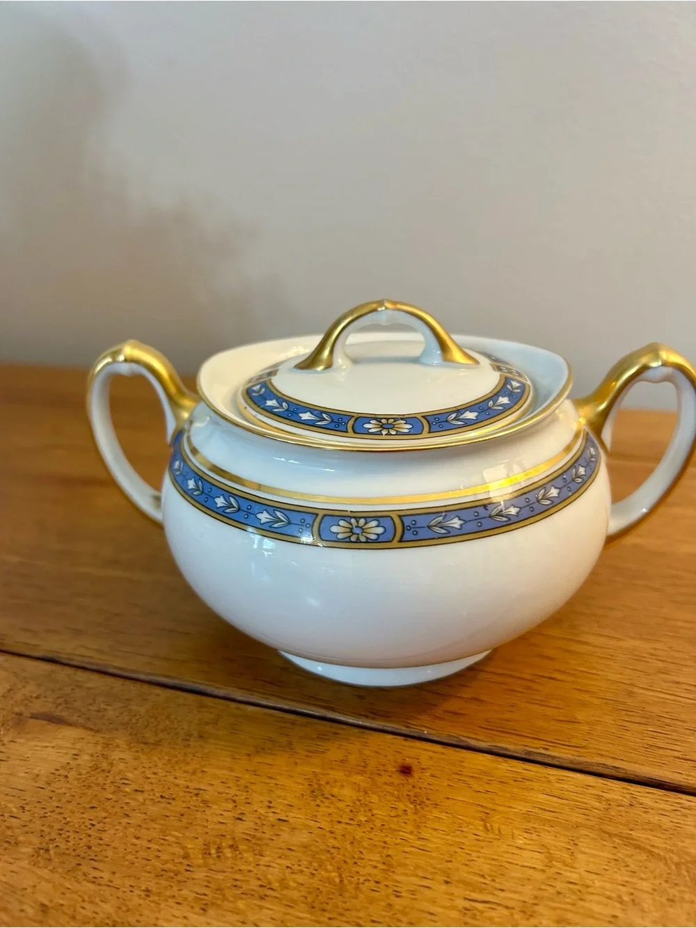 Vintage White Porcelain Sugar Bowl and Creamer Set with Blue